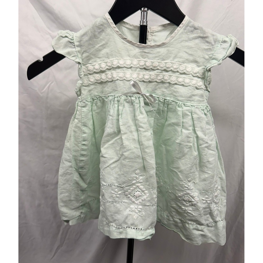 Vintage 1960's Mint Green Baby Dress Floral Embroidery Lace Trim Flutter Sleeve